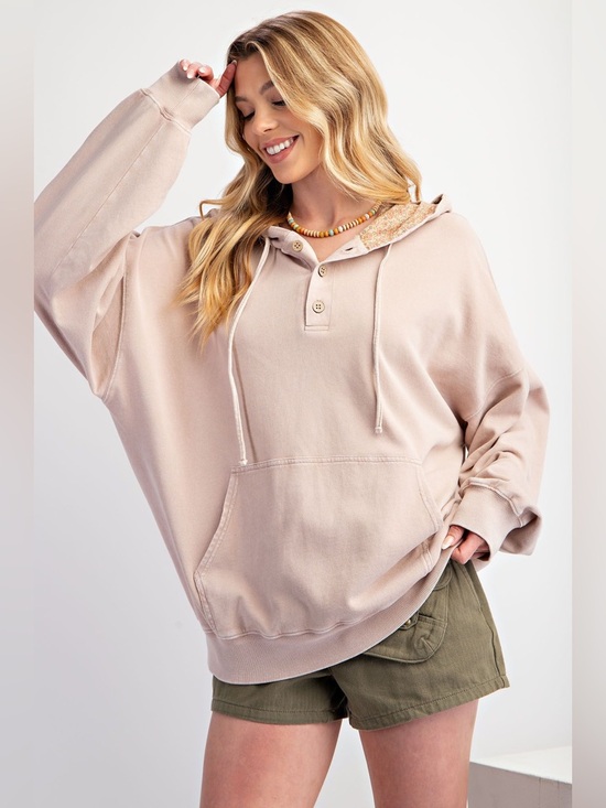 Easel Heart and Soul Peace Sign Patchwork Terry Hoodie in Oyster Mushroom small - Picture 3 of 5